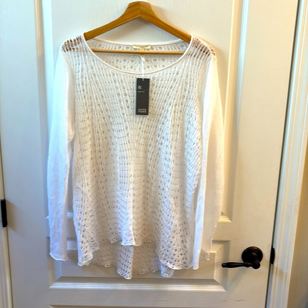 Eileen Fisher organic linen fine gauge knit sweater / pullover 1X white